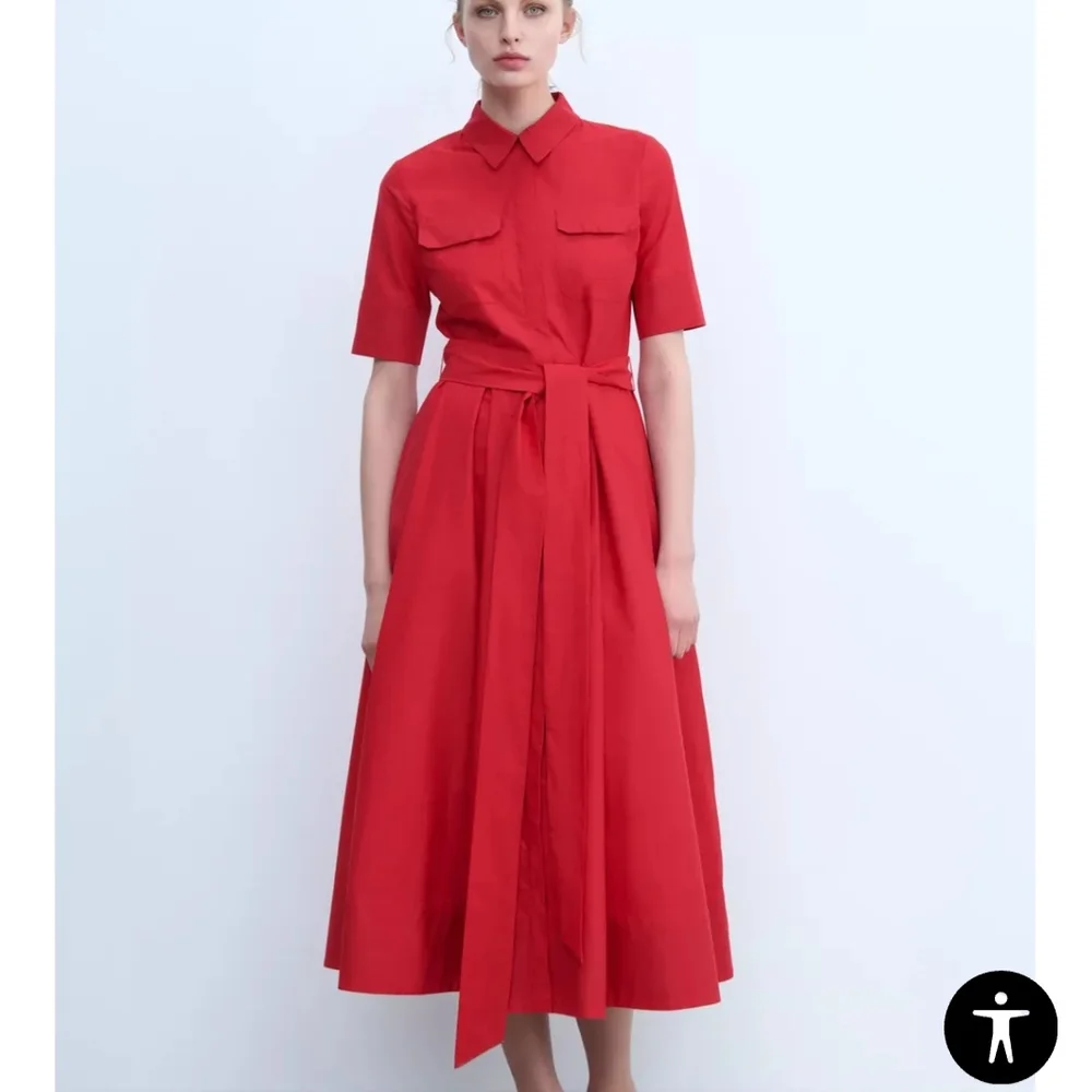 Zara Red Notched Collar Short Sleeve Midi Dress - Picture 4 of 4
